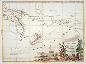 304 · ANTONIO ZATTA (circa 1722-1797), "NUEVO SCOPERTE...MARE DEL SUD", [Venice, 1776], copper engraved map of eastern Australia, New Zealand and much of the Pacific Ocean with the tracks of explorers including Cook, Cartaret, Wallis Mouats; contemporary colouring, full margins, 30 x 40cm; overall 39 x 51cm. The plate comes from Zatta's four-volume "Atlante Novissimo" (1774-1785).
