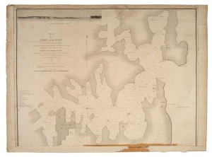 BOUGAINVILLE, Hyacinthe-Yves-Philippe Potentin (1781 - 1846), "Plan du Port Jackson : Levé à bord de la Frégate la Thétis" from Bougainville's "Journal de la Navigation autour du Globe de la Fregate la Thetis et la Corvette l'Esprance Execute pendant les Annees 1824, 1825 et 1826", copper engraving, overall 53 x 71.5cm.