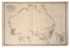 JAMES WYLD (1812-1887) "Map of Australia, compiled from the Nautical Surveys Made by Order of the Admiralty and other Authentic Documents", [London, 1844], engraved map, with inset maps of the world and Van Diemen’s Land, hand-coloured; overall 57.5 x 86cm.