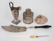 Antique French silver plated fish slice with turned ebony handle, together with an antique Sheffield plate jug and tea caddy, and an abalone shell inkwell, (4 items), ​​​​​​​the fish slice 37cm long.
