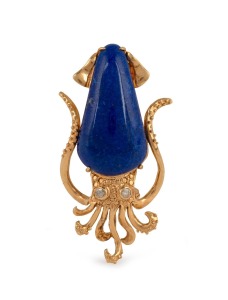 A vintage 14ct gold and lapis lazuli cuttlefish brooch with diamond eyes, 20th century, stamped "14k", ​​​​​​​4.5cm long, 8.6 grams total.