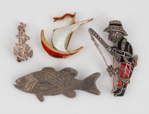 A Norwegian gilt silver and enamel Viking longboat brooch, a sterling silver fish brooch, anchor brooch and an enamel and marcasite fisherman brooch, 20th century, (4 items), the largest 5cm high.