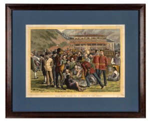 "HONG KONG RACES, 1876 A SKETCH IN THE CROWD" antique coloured engraving supplement from The Graphic, 54 x 66cm overall.