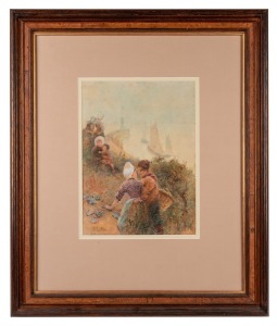 HECTOR CAFFIERI (Britain, 1847-1932), (figures by the harbour), watercolour, signed lower left "H. Caffieri", 35 x 30cm, 70 x 58cm overall.