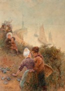 HECTOR CAFFIERI (Britain, 1847-1932), (figures by the harbour), watercolour, signed lower left "H. Caffieri", ​​​​​​​35 x 30cm, 70 x 58cm overall. - 2