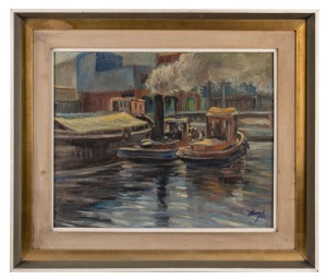 ARTIST UNKNOWN (Boca Shcool, Argentina), (tug boats and barges..), oil on board, signed lower right (illegible), 40 x 50cm,57 x 68cm overall.