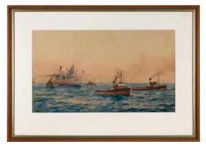 JOHN ALLCOT (1888-1973), H.M.A.S. Australia, watercolour, signed lower left "J. Allcot", 30 x 51cm, 49 x 69cm overall.
