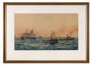 JOHN ALLCOT (1888-1973), H.M.A.S. Australia, watercolour, signed lower left "J. Allcot", 30 x 51cm, 49 x 69cm overall. - 2