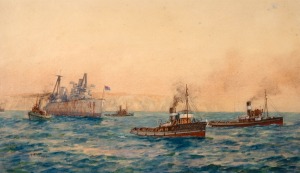 JOHN ALLCOT (1888-1973), H.M.A.S. Australia, watercolour, signed lower left "J. Allcot", 30 x 51cm, 49 x 69cm overall.