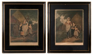 A pair of antique framed coloured engravings titled : I.) Going Out Milking, II.) The Return From Milking, housed in ebonized frames with gilt trim, 75 x 64cm overall.