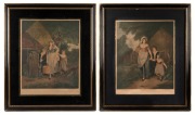 A pair of antique framed coloured engravings titled : I.) Going Out Milking, II.) The Return From Milking, housed in ebonized frames with gilt trim, ​​​​​​​75 x 64cm overall.