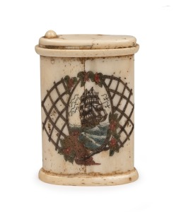 An antique whalebone puzzle box with scrimshaw decoration and hand-painted finish, 19th century, ​​​​​​​9.5cm high.