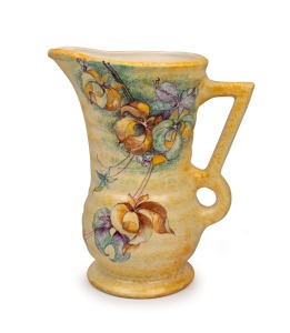 NEWTONE pottery yellow glaze jug with hand-painted decoration by Daisy Merton, black factory mark to base, 24cm high