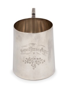 JOHN WELLBY [CONVICT SILVERSMITH], handsome Australian silver tankard engraved with fern decoration and ownership inscription "HOWARD FRANCIS PRAAGST", late 19th century, stamped "St. Sil. FREMANTLE", with pictorial mark. ​​​​​​​9cm high, 198 grams total.