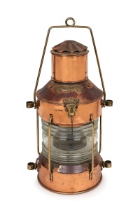 An antique copper and brass ships lantern, 19th/20th century, 60cm high with handle up.