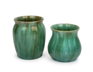 JOHN CAMPBELL two green glazed pottery vases, incised signatures to base, 13cm and 10.5cm high.