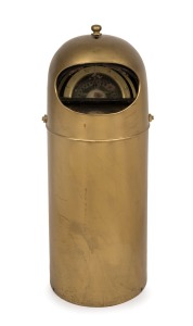 An antique Norwegian gimballed maritime wet compass with adjustable viewing mirrors, housed in dome topped metal housing with later brass painted finish, 19th/20th century, bearing maker's plaque "JOHAN GULBRANSEN Instrumentmaker, Oslo", 56cm high.