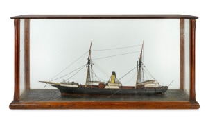 An antique model steam sailing ship in an Australian cedar case, 19th century, 35cm high, 70cm wide, 25cm deep.