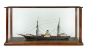 An antique model steam sailing ship in an Australian cedar case, 19th century, ​​​​​​​35cm high, 70cm wide, 25cm deep.