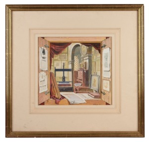 ALDRIDGE, (interior scene with bookpress), gouache, signed lower right "Aldridge, '87", 22 x 23cm, 42 x 44cm overall.