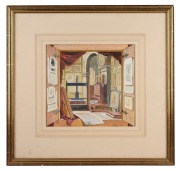 ALDRIDGE, (interior scene with bookpress), gouache, signed lower right "Aldridge, '87", ​​​​​​​22 x 23cm, 42 x 44cm overall. - 2