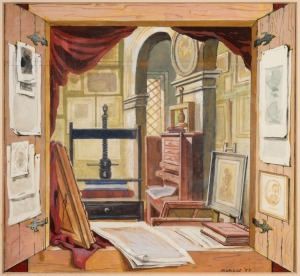 ALDRIDGE, (interior scene with bookpress), gouache, signed lower right "Aldridge, '87", ​​​​​​​22 x 23cm, 42 x 44cm overall.