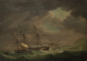 ROBERT DODD (1748-1815), The Ship Kent, oil on canvas laid down on board, signed lower right "R. Dodd, 1813", remains of original hand-written label verso describing the ship, its commander etc., 53 x 74cm, 69 x 89cm overall.