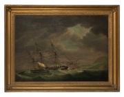 ROBERT DODD (1748-1815), The Ship Kent, oil on canvas laid down on board, signed lower right "R. Dodd, 1813", remains of original hand-written label verso describing the ship, its commander etc., 53 x 74cm, 69 x 89cm overall. - 2