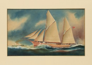 ARTHUR VICTOR GREGORY (1867-1957), (schooner in Port Phillip), watercolour, signed lower left "A.V. Gregory, '18", 32 x 53cm, 63 x 84cm overall.