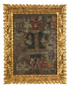 ARTIST UNKNOWN (Potosi School, Bolivia), Colonial Spanish Catholic icon of San Isidro, 18th century, oil on canvas, housed in a later carved giltwood frame, 73 x 52cm, 100 x 80cm overall.