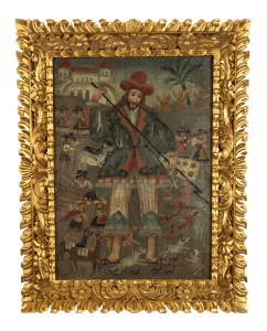 ARTIST UNKNOWN (Potosi School, Bolivia), Colonial Spanish Catholic icon of San Isidro, 18th century, oil on canvas, housed in a later carved giltwood frame, 72.5 x 51.5cm, 100 x 80cm overall.