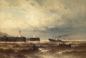 THEODOR ALEXANDER WEBER (Germany, 1839-1907), (ferry entering the harbour Belle-ile, Brittany, oil on canvas, signed lower right "T.A. Weber", stamped verso "WIMMER & C. GALLERY OF FINE ART MUNICH" bearing inventory numbers and labels verso, 62 x 91cm, 80 x 108cm overall. Note: Although German born Weber spent most of his life in France and became the official marine artist for the French Naval Ministry.