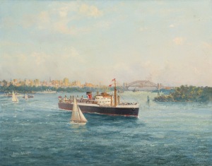 JOHN ALLCOT (1988-1973), The New Zealand Star, oil on canvas board, signed lower left "John Allcot", Presentation label verso "To Mr. W.T. Rae By The Staff Of Blue Star Line Australia On His Retirement, 1968", Christies auction label verso, 40 x 50cm, 53 x 63cm overall.