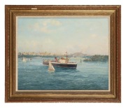 JOHN ALLCOT (1988-1973), The New Zealand Star, oil on canvas board, signed lower left "John Allcot", Presentation label verso "To Mr. W.T. Rae By The Staff Of Blue Star Line Australia On His Retirement, 1968", Christies auction label verso, 40 x 50cm, 53 - 2
