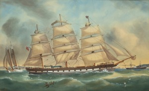 GEORGE FREDERICK GREGORY (1821-1887), (Port Phillip pilot boat and clipper off Queenscliff), watercolour, signed lower left G.F. Gregory", bearing Deutscher Hackett and Joels Auctions lablels verso, 51 x 83cm, 91 x 120cm overall.