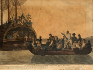 ROBERT DODD (1748-1815), The mutineers turning Lt. Bligh and some of the officers and crew adrift from His Majesty's Ship Bounty, 29 April 1789, hand-coloured aquatint, published by B.B. Evans, London, 1790, 44 x 58cm, 60 x 73cm overall.