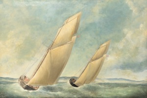 LESLIE CHARLES, (match racing, Storm Bay, Tasmania), oil on canvas, signed lower left "Leslie Charles", 85 x 127cm, 102 x 143cm overall.