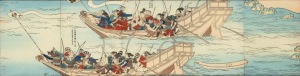 An antique Japanese six page woodblock print depicting a scene from the 13th century Sino-Japanese war, circa 1924, ​​​​​​​19 x 72cm, 38 x 92cm overall.