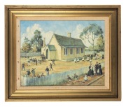 DOROTHY SUTTON (1922-1986), Tarraville National School, Victoria, oil on canvas board, signed lower right "Sutton", 35 x 44cm, 50 x 60cm overall. - 2