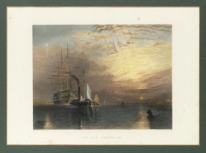 (after) JOSEPH MALLORD WILLIAM TURNER (1775–1851), The Fighting Temeraire, coloured engraving, descriptive page affixed verso, 37 x 50cm, 68 x 82cm overall.