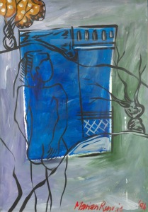 MARIAN RENNIE, (figures and blue window), gouache on paper, signed lower right "Marian Rennie", 96 x 67cm, 128 x 98cm overall.