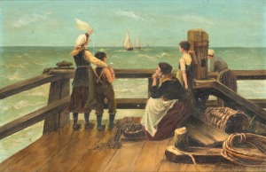 ARTIST UNKNOWN, (seaside farewell), oil on card, housed in a period oak frame with gilt slip, 30 x 45cm, 44 x 60cm overall.
