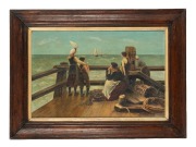 ARTIST UNKNOWN, (seaside farewell), oil on card, housed in a period oak frame with gilt slip, ​​​​​​​30 x 45cm, 44 x 60cm overall. - 2