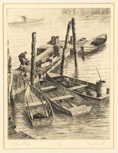 NORMAN MERRIT Lobstermen's Dock, drypoint engraving 45/100, signed lower right "Norman Merrit", 35 x 27cm, 52 x 42cm overall.