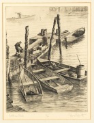 NORMAN MERRIT Lobstermen's Dock, drypoint engraving 45/100, signed lower right "Norman Merrit", 35 x 27cm, 52 x 42cm overall.