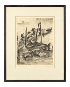 NORMAN MERRIT Lobstermen's Dock, drypoint engraving 45/100, signed lower right "Norman Merrit", 35 x 27cm, 52 x 42cm overall. - 2