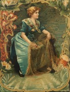 An antique coloured lithograph of a lady holding a fishing net, late 19th century, ​​​​​​​62 x 48cm overall.