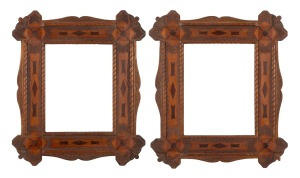 A pair of Australian folk art cedar and pine picture frames, 19th century, 51 x 44cm overall, (internal 30 x 24cm).