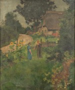 ARTIST UNKNOWN, (figures in a garden), oil on canvas laid down on board, signed and titled lower left (illegible), 52 x 44cm, 75 x 65cm overall.