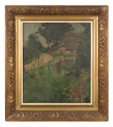 ARTIST UNKNOWN, (figures in a garden), oil on canvas laid down on board, signed and titled lower left (illegible), 52 x 44cm, 75 x 65cm overall. - 2